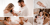 Collage showing a family with a newborn: parents smiling, siblings watching, a sleeping infant wrapped in white, and twins held by children.