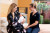 A mother in floral pajamas holds her newborn, seated beside a nurse in navy scrubs, in a bright, tranquil hospital room with a view.